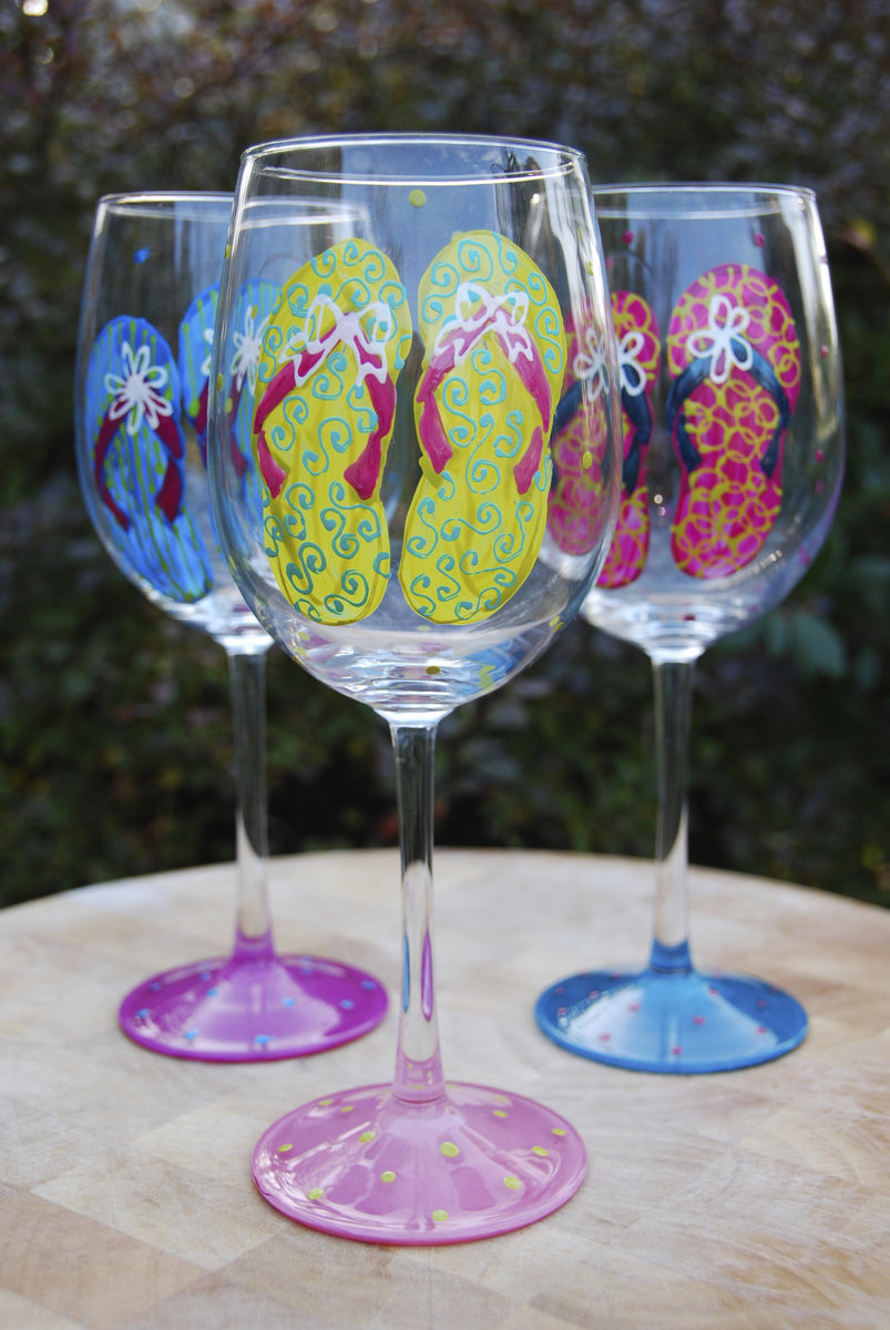  Hand Painted Large Flip Flop Wine Glass Set, Coastal Summer  Decor, 20 Ounce Glasses : Handmade Products