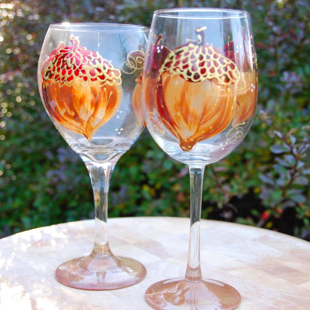 Acorn, hand painted wine glass