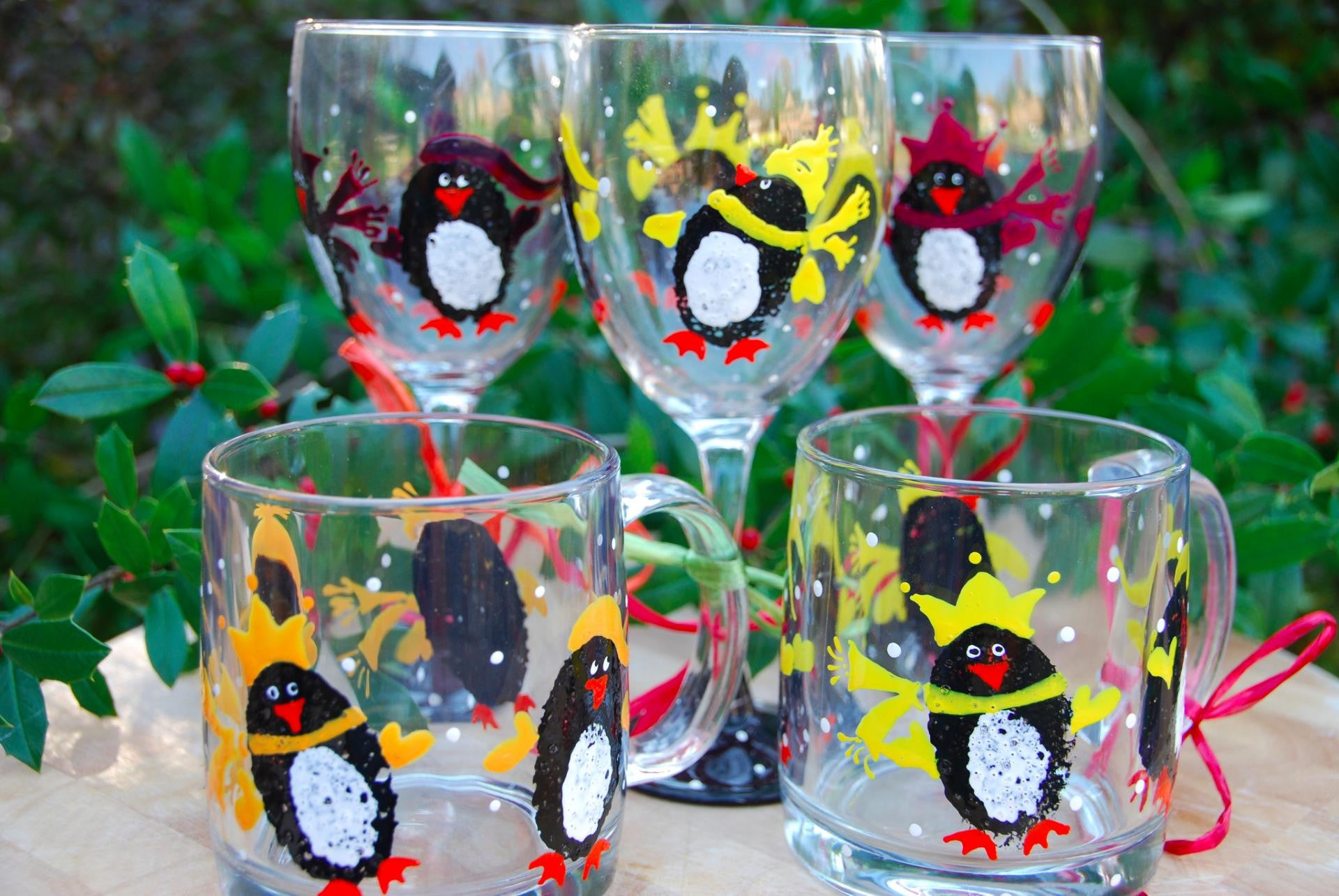Penguins Hand-painted Glassware