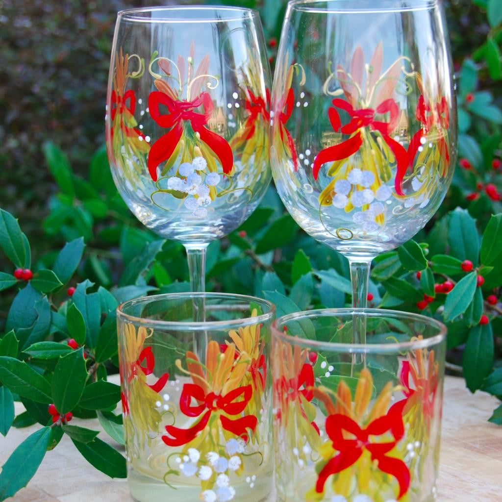Mistletoe with Red Bows Hand-painted Glassware