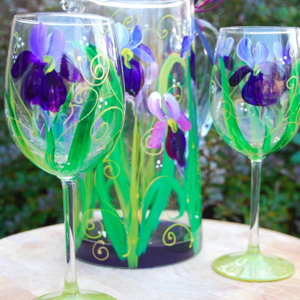 Iris Flower Hand Painted Wineglass & Glassware