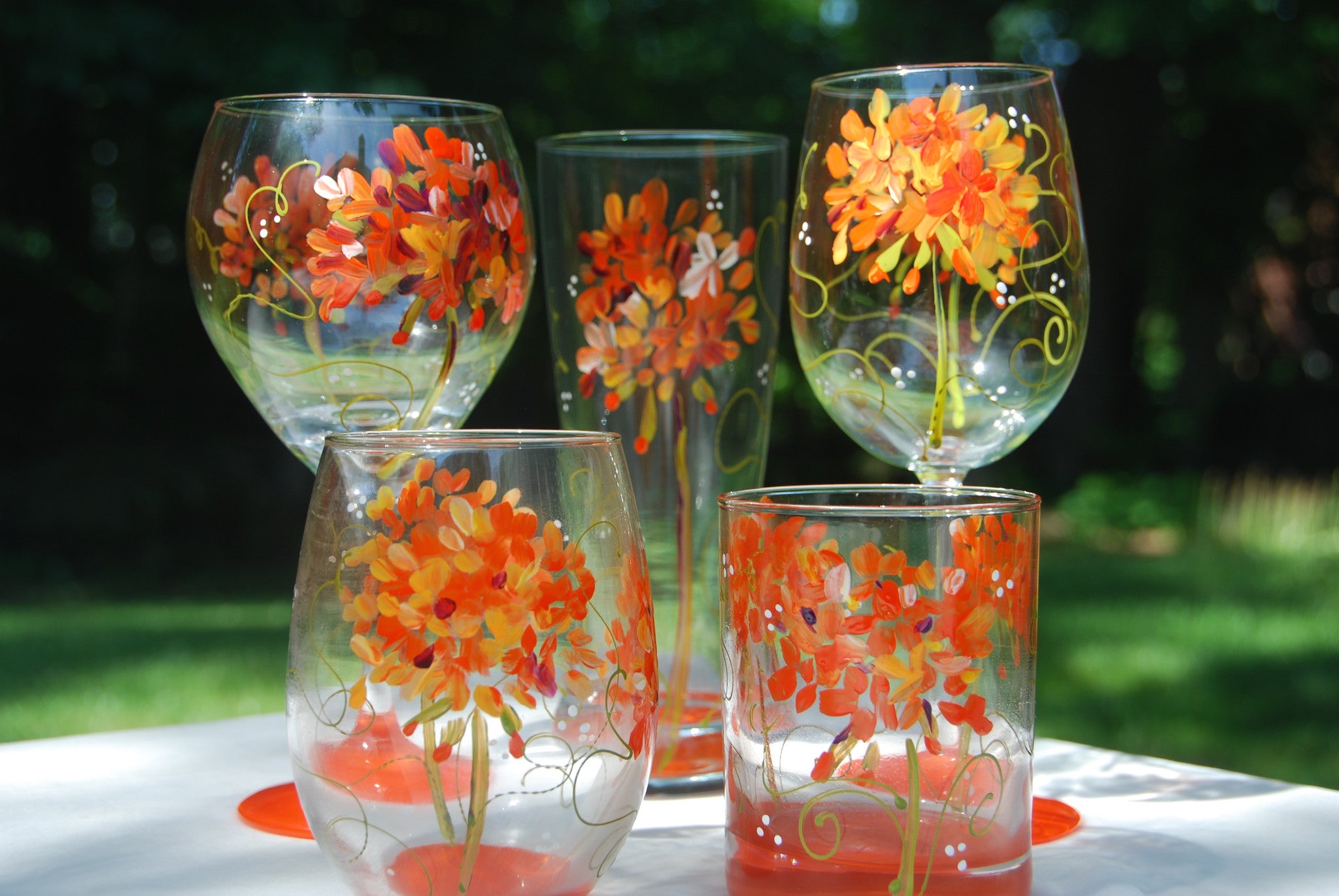 Red Wine Glass, Hand-painted Stained Glass, Rainbows and Flowers