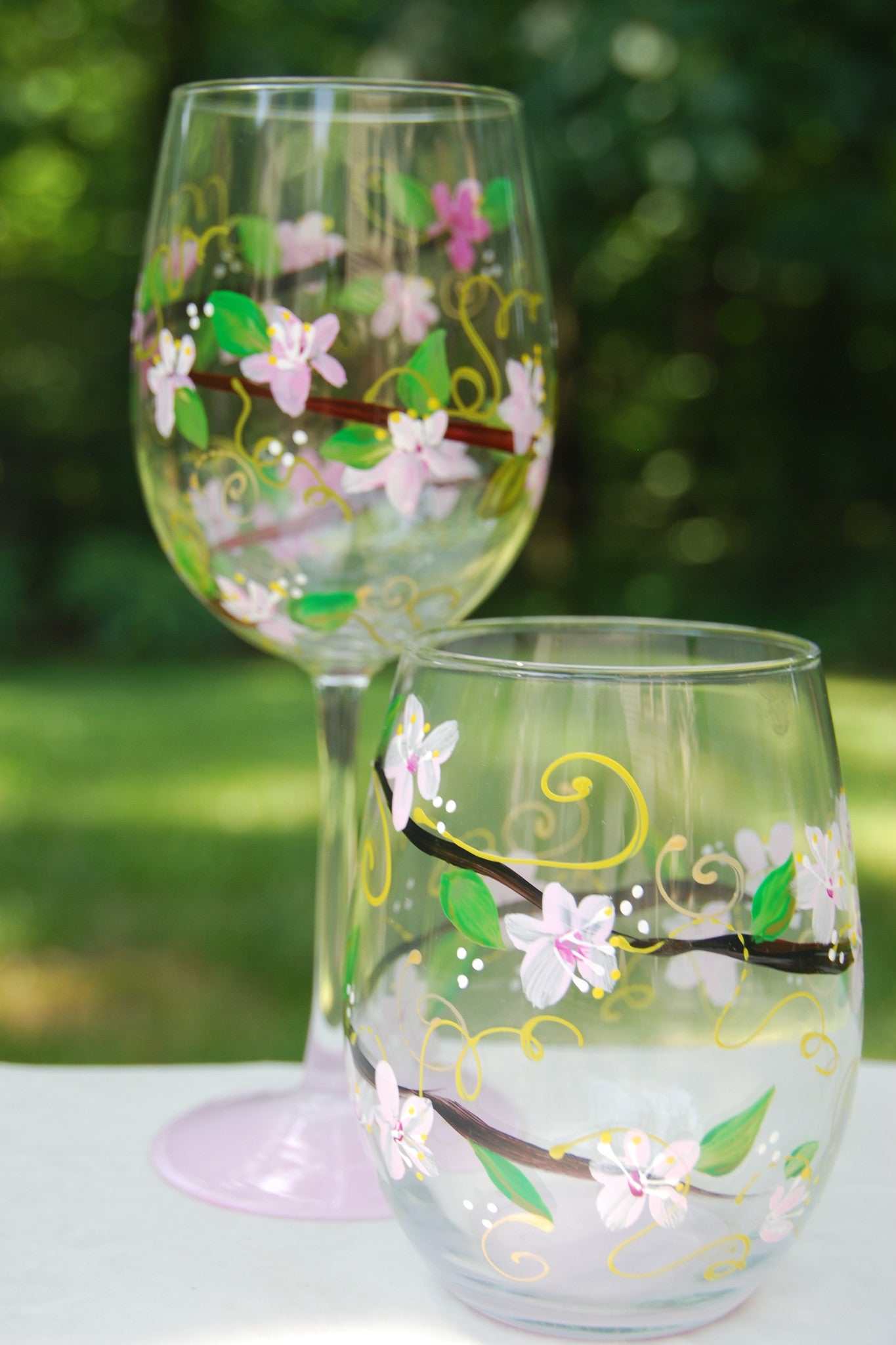 Cherry Blossom Hand-painted Wine Glasses