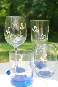 Anchors Away Hand-painted Wine Glasses and Glassware