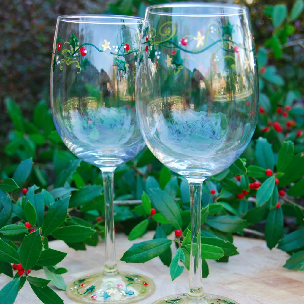 Christmas Wine Glasses - Set of 2 Stemless - Hand Painted - Holly