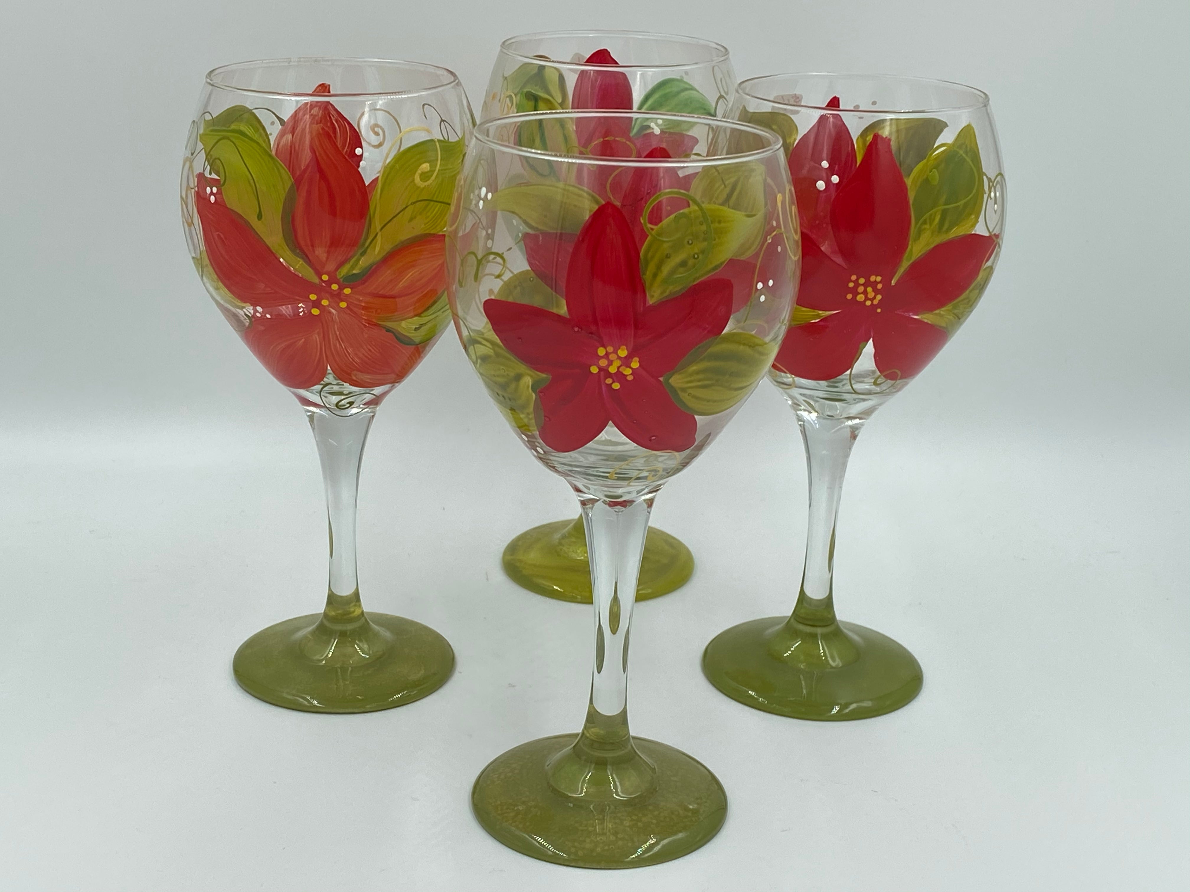 Hand Painted Wine Glasses - Poinsettia - Handmade in the USA